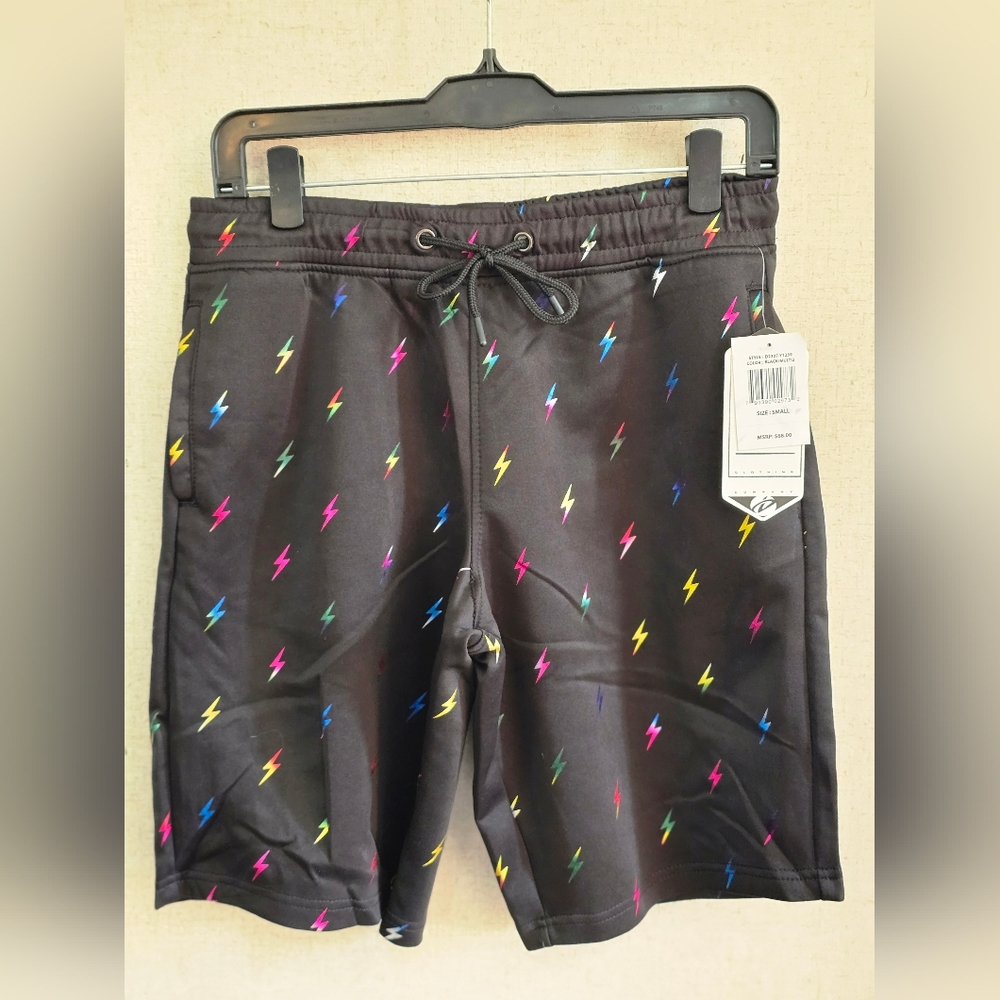 NWT Men's Black Casual Shorts with Multicolor Lightning Print - Size S